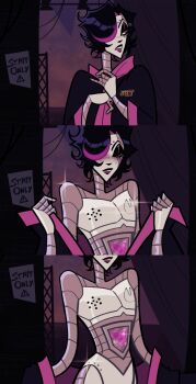 1boy androgynous android black_hair colored_skin derivative_work everrgreenn eyeshadow hair_over_one_eye heart highres makeup male_focus mechanical_arms mettaton mettaton_ex robot robot_boy star_wars:_clone_wars undertale utdr_(toby_fox)