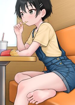 1girl barefoot black_eyes black_hair blush eating feet food french_fries haiclip highres hinosaki medium_hair overall_shorts overalls soles toes