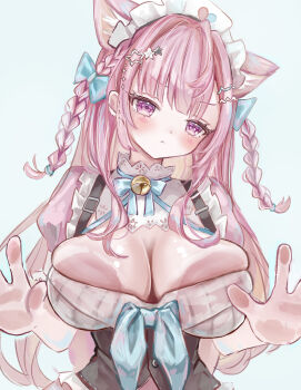 1girl against_glass ahoge animal_ears bell blue_background blue_bow blue_ribbon blush bow braid breast_press breasts breasts_on_glass cat_ears cat_girl cat_hair_ornament closed_mouth commentary dress extra_ears gloves hair_bow hair_ornament hair_ribbon hairclip hand_on_glass head_tilt heart heart_print highres indie_virtual_youtuber jingle_bell large_breasts long_hair maid maid_headdress neck_bell neck_ribbon pink_dress pink_eyes pink_hair ribbon short_sleeves simple_background solo star_(symbol) star_hair_ornament suspenders symbol-only_commentary teruteruteru190 two_side_up underbust virtual_youtuber white_dress white_gloves yuuki_sakuna