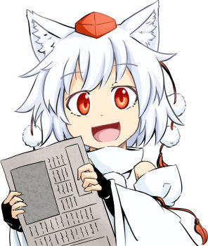 Rule 34 | 1girl, animal ears, bare shoulders, detached sleeves, female focus, hat, holding, inubashiri momiji, kokutei n, looking at viewer, open mouth, paper, pom pom (clothes), red eyes, short hair, silver hair, simple background, solo, tail, tokin hat, touhou, white background, wolf ears, wolf tail