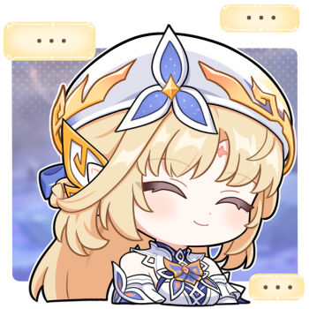 ... 1girl bare_shoulders beret blonde_hair chibi chibi_only closed_eyes closed_mouth commentary_request detached_sleeves dot_nose dress facial_mark forehead_mark genshin_impact hat jiu_fanglianhua long_hair nicole_reeyn pointy_ears smile solo upper_body white_dress white_hat