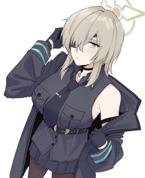 1girl black_choker black_coat black_gloves black_necktie blue_archive breasts choker coat eyepatch gloves green_eyes halo hat highres large_breasts looking_at_viewer maven_(madeinheaven_23) medium_hair necktie one_eye_covered single_bare_shoulder single_off_shoulder sleeveless solo suou_(blue_archive) tie_clip