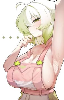... 1girl ahoge animal_ears arm_up armpit_crease armpits bare_shoulders breasts ferret ferret_ears ferret_girl food fruit gradient_hair green_eyes green_hair hair_between_eyes highres huge_breasts indie_virtual_youtuber laimu_(vtuber) laimu_(cozy)_(vtuber) large_breasts lime_(fruit) lime_slice looking_at_viewer multicolored_hair no_shirt overalls sae_art sideboob simple_background sweat two-tone_hair vinesauce virtual_youtuber white_background white_hair