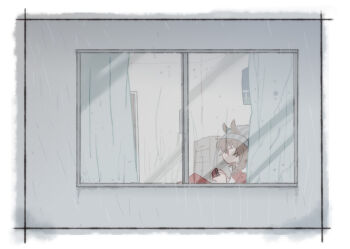 Rule 34 | 1girl, animal ears, beanie, beer hsk, brown hair, commentary request, curtains, day, ears through headwear, from outside, grey hat, hat, horse ears, jacket, knees up, nakayama festa (umamusume), pants, rain, red eyes, red jacket, red pants, sitting, slice of life, solo, striped clothes, striped headwear, track jacket, track pants, track suit, umamusume, vertical-striped clothes, vertical-striped headwear, window