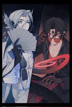 2boys black_coat black_hair black_sclera blue_eyes coat colored_extremities colored_sclera cowboy_shot fingernails fins fish_boy folding_fan grey_coat grey_hair hand_fan head_fins highres holding holding_fan lizard_tail looking_at_viewer male_focus multiple_boys original pointy_ears red-tinted_eyewear red_eyes red_shirt reptile_boy sharp_fingernails shirt shuini_xiaomao slit_pupils split_screen sunglasses tail tinted_eyewear