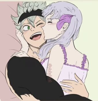 1boy 1girl asta_(black_clover) black_clover blush closed_eyes couple cuddling hand_on_another&#039;s_face hetero holding_partner hug kiss_on_cheek kissing_cheek kissing_partner noelle_silva one_eye_closed open_mouth pinkykkat rotated teeth twintails upper_teeth_only
