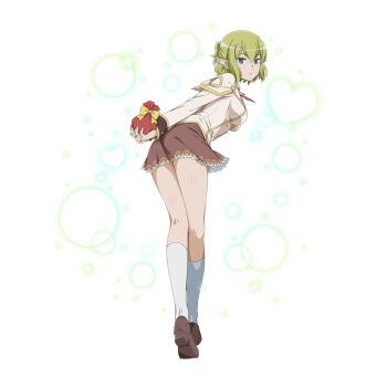 1girl anime_coloring arms_behind_back bag blue_eyes breasts brown_shoes brown_skirt danmachi_memoria_freese dungeon_ni_deai_wo_motomeru_no_wa_machigatteiru_darou_ka elf from_behind full_body gift green_hair hair_between_eyes holding holding_bag holding_gift impossible_clothes jacket kneehighs leaning_forward long_sleeves looking_at_viewer looking_back medium_breasts miniskirt official_alternate_costume official_art parted_lips pointy_ears ponytail ryu_lion shoes short_hair short_ponytail sidelocks skirt socks solo standing third-party_source white_background white_socks