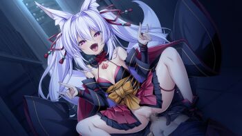 1boy 1girl :d aged_down animal_ear_fluff animal_ears bare_shoulders black_sleeves blush breasts bright_pupils censored corruption dark_persona detached_sleeves double_fox_shadow_puppet dutch_angle fangs fox_ears fox_girl fox_shadow_puppet fox_tail game_asset girl_on_top hair_between_eyes hair_intakes hetero indoors inoino japanese_clothes katsuragi_marina katsuragi_marina_(exs-tia_p) kouyoku_senki_exs-tia long_hair long_sleeves looking_at_viewer mosaic_censoring non-web_source official_art open_mouth penis pink_eyes pov pussy red_eyes red_skirt ribbon self-datamine sex skirt small_breasts smile solo_focus spread_legs squatting_cowgirl_position tail tattoo thigh_strap tongue twintails vaginal variant_set very_long_hair visual_novel_cg white_hair white_pupils wide_sleeves youko_marina