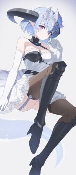 1girl armored_boots black_thighhighs blush boots breasts cleavage closed_mouth detached_collar dragon_girl dragon_horns dress elbow_gloves filene_(shadowverse) garter_straps gloves hair_between_eyes hair_ornament heichi highres horns looking_at_viewer medium_breasts medium_hair pointy_ears purple_eyes shadowverse solo strapless strapless_dress thighhighs white_dress white_gloves