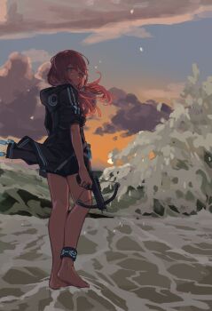 1girl absurdres arknights barefoot black_shorts blue_eyes blue_jacket blue_poison_(arknights) bow_(weapon) cloud cloudy_sky commentary_request crossbow dcy11011 highres holding holding_crossbow holding_weapon hood hooded_jacket in_water infection_monitor_(arknights) jacket long_hair looking_at_viewer looking_back outdoors pink_hair shorts sky solo standing sunset twintails waves weapon