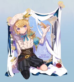 1boy :c androgynous asymmetrical_legwear belt beret black_shorts blonde_hair blue_bow blue_eyes blush bow brown_belt brown_corset corset edgar_valden edgar_valden_(golden_ratio) eric_knikki frilled_shirt frilled_shirt_collar frills gold_trim hat hat_feather identity_v kneehighs kneeling looking_to_the_side male_focus mismatched_legwear puffy_shorts shirt shorts single_kneehigh single_sock socks striped_clothes striped_shorts trap white_hat