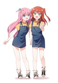 2girls :d bocchi_the_rock! gotoh_hitori haru_(konomi_150) highres holding_hands kita_ikuyo multiple_girls open_mouth pink_hair red_hair shoes simple_background smile standing white_background