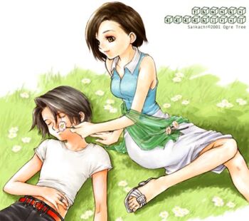 Rule 34 | 1boy, 1girl, 2001, artist name, bad id, bare shoulders, belt, belt buckle, blue shirt, breasts, brown eyes, brown hair, buckle, closed eyes, closed mouth, collared shirt, commentary request, contrast collar, ellone, final fantasy, final fantasy viii, flower, grass, green shawl, hand on own stomach, holding, holding flower, jewelry, lowres, lying, medium breasts, medium skirt, milestone celebration, on back, on ground, red belt, ring, saikachi (ogre tree), sandals, scar, scar on face, see-through clothes, see-through shawl, shadow, shawl, shirt, short hair, short sleeves, sitting, skirt, sleeping, sleeveless, sleeveless shirt, smile, squall leonhart, thank you, white flower, white sandals, white shirt, white skirt