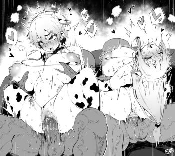 2boys 2girls animal_ear_hairband animal_ears animal_print bell bikini blush breasts closed_eyes collar cow_ear_hairband cow_ears cow_horns cow_print cow_print_bikini cow_print_thighhighs cowbell fake_animal_ears fake_horns fuya_(tempupupu) grabbing_another&#039;s_breast greyscale groping hairband heart hetero horns large_breasts long_hair monochrome mother_and_daughter multiple_boys multiple_girls print_bikini print_thighhighs pussy reverse_upright_straddle rolling_eyes sex sex_from_behind short_hair side-tie_bikini_bottom size_difference spoken_heart straddling swimsuit thighhighs tongue tongue_out uncensored upright_straddle uzaki-chan_wa_asobitai! uzaki_hana uzaki_tsuki vaginal veins