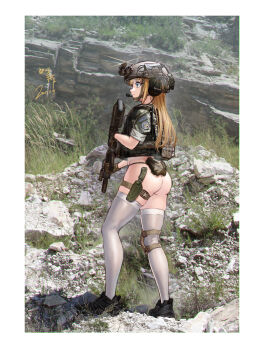 Rule 34 | 1girl, absurdres, ass, assault rifle, blonde hair, blue eyes, commentary request, gun, highres, holding, holding gun, holding weapon, huihuang rongyao, long hair, looking at another, looking up, m4 carbine, military, military combat uniform, military operator, military uniform, no panties, original, pantyhose, rifle, solo, standing, tactical clothes, united states, weapon