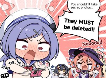 1other 3girls @_@ amber_(stella_sora) beret bikini blue_bikini blue_sailor_collar blush bow bowtie camera chibi_tyrant_(stella_sora) commentary crying emphasis_lines english_commentary english_text flying_sweatdrops hat head_steam highres holding holding_camera iris_(stella_sora) long_hair low_twintails mistique_(stella_sora) multiple_girls nose_blush official_art one-piece_swimsuit open_mouth orange_hair pink_eyes purple_hair purple_hat purple_one-piece_swimsuit red_bow red_bowtie sailor_bikini sailor_collar short_twintails sound_effects speech_bubble spoken_symbol stella_sora streaming_tears striped_bikini striped_clothes swimsuit tears traditional_bowtie trash_(computing) twintails tyrant_(stella_sora) v-shaped_eyebrows white_hat white_one-piece_swimsuit yellow_eyes