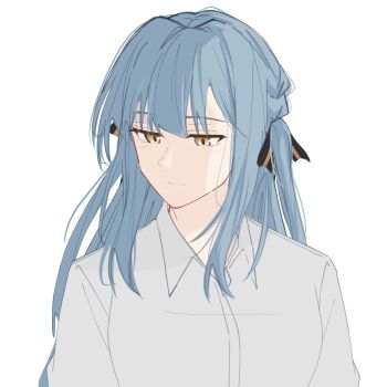 Rule 34 | 1girl, amakuma, bang dream!, bang dream! it's mygo!!!!!, black ribbon, blue hair, commentary, dress shirt, hair ribbon, highres, long hair, ribbon, shirt, simple background, solo, togawa sakiko, upper body, white background, white shirt