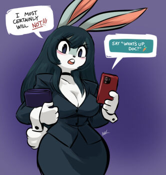 1girl animal_ears awd! black_eyes black_hair black_jacket black_skirt book breasts cleavage collarbone english_text formal_clothes furry furry_female holding holding_book holding_phone jacket large_breasts long_hair open_mouth original phone rabbit_ears rabbit_girl rabbit_tail second-party_source skirt solo speech_bubble tail teeth upper_teeth_only