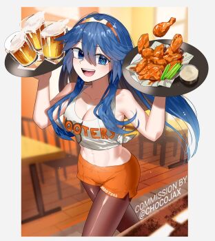 1girl alcohol alternate_costume beer beer_mug brand_of_the_exalt celery chicken_(food) chicken_wing chocojax commission cup employee_uniform english_text fire_emblem fire_emblem_awakening food highres hooters indoors lucina_(fire_emblem) mug nintendo open_mouth orange_shorts print_tank_top ranch restaurant shorts solo tank_top teeth tiara upper_teeth_only waitress