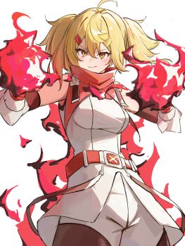 1girl absurdres ahoge bare_shoulders belt blonde_hair breasts brown_belt brown_shorts closed_mouth clothing_request commentary_request cowboy_shot eyelashes fire flaming_hand hands_up highres luck_0_boy medium_breasts medium_hair oikatzo_(shangri-la_frontier) pyrokinesis shangri-la_frontier shirt shorts simple_background smile solo twintails v-shaped_eyebrows white_background white_shirt