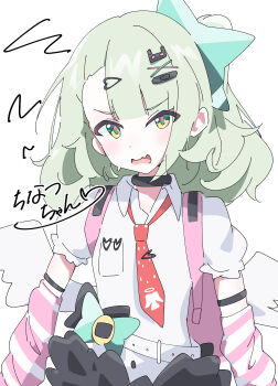 Rule 34 | 1girl, absurdres, bandaid, bandaid hair ornament, black choker, black skirt, chinatsu remiel, choker, commentary request, fur-trimmed skirt, fur trim, green eyes, green hair, hair ornament, heart, heart hair ornament, highres, hutsugyou, looking at viewer, multiple hair clips, necktie, open mouth, pink arm warmers, pink bag, red necktie, shirt, simple background, skirt, solo, striped arm warmers, sweat, upper body, white background, white shirt, white wings, winged bag, wings, zenless zone zero