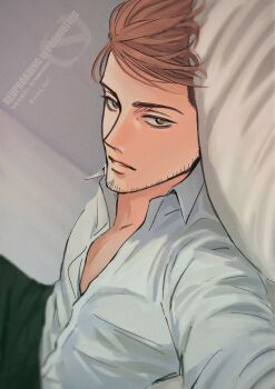 Rule 34 | 1boy, absurdres, beard stubble, black pants, blurry, blurry background, brown hair, collared shirt, commentary request, facial hair, green eyes, highres, indoors, jean kirstein, looking at viewer, male focus, pants, parted lips, pillow, shingeki no kyojin, shirt, short hair, solo, stubble, swept bangs, twitter username, white shirt, yuka levi