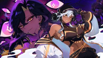 1girl absurdres artist_name belt black_belt black_gloves black_hair breasts commission dark-skinned_female dark_skin earrings gloves highres hoop_earrings indie_virtual_youtuber jewelry multicolored_hair navel see-through_cleavage see-through_clothes skeb_commission solarie_(vtuber) twitter_username two-tone_hair virtual_youtuber weiic white_hair