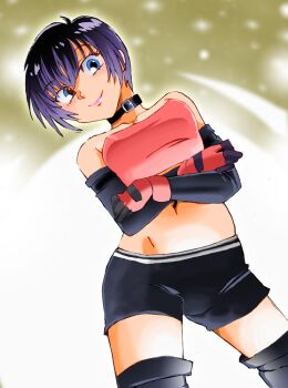 1girl black_gloves black_hair black_shorts black_thighhighs blue_eyes blush breasts choker collarbone crossed_arms fingerless_gloves gloves green_background looking_at_viewer medium_breasts midriff navel onnaski pink_gloves red_shirt rutee_katrea shirt short_hair shorts smile standing strapless tales_of_(series) tales_of_destiny thighhighs tube_top