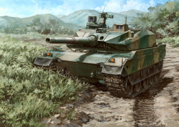 browning_m2 camouflage caterpillar_tracks cloud cloudy_sky grass gun heavy_machine_gun highres japan_ground_self-defense_force japan_self-defense_force machine_gun military military_vehicle motor_vehicle mud no_humans original sky sumitomo_ntk-62 tank type_10_(tank) user_gnsr8477 vehicle_focus weapon wheel woodland_camouflage