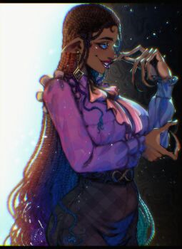 1girl belt blackberreh-art blue_eyes bow box_braids breasts claws design_speculation distortion_(tma) earrings eyelashes freckles frilled_shirt frills grin helen_richardson highres infinity_symbol jewelry light-skinned_palms long_hair pink_bow pointy_ears purple_shirt sharp_teeth shirt skirt smile solo teeth the_magnus_archives very_long_hair