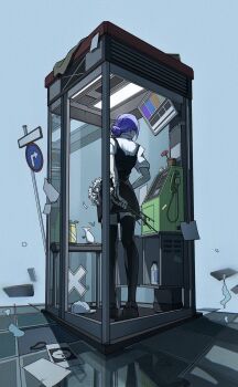 1girl arm_behind_back baseball_cap black_dress black_shoes black_thighhighs bouquet chainsaw_man dress facing_away flower from_behind full_body hair_bun hashtag-only_commentary hat highres holding holding_bouquet medium_hair mithamaito mouse_(animal) phone_booth purple_hair red_flower reze_(chainsaw_man) shirt shoes solo thighhighs unworn_hat unworn_headwear updo white_flower white_hat white_shirt