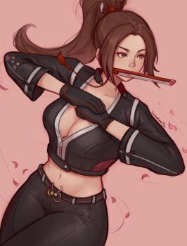 1girl artist_name black_gloves black_jacket black_pants breasts brown_hair cleavage cropped_jacket falling_petals fatal_fury fatal_fury:_city_of_the_wolves folding_fan gloves hair_tie hand_fan highres jacket large_breasts long_hair midriff motoyui navel pants parted_bangs petals pink_background pink_petals plunging_neckline ponytail shiranui_mai sleepy_korok snk solo the_king_of_fighters weapon_in_mouth