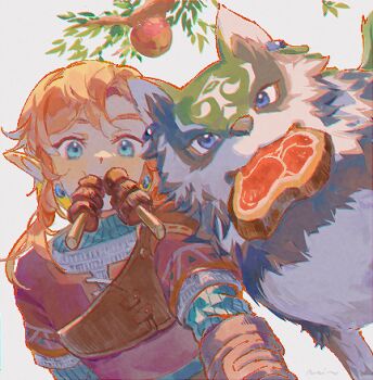 2boys apple blonde_hair blue_eyes branch earrings food food_in_mouth fruit hylian_set_(zelda) jewelry link long_hair looking_at_viewer lowres male_focus multiple_boys nintendo pointy_ears rain_rkgk skewer the_legend_of_zelda the_legend_of_zelda:_breath_of_the_wild the_legend_of_zelda:_twilight_princess white_background wolf_link
