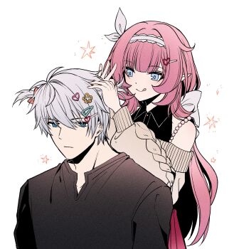 1boy 1girl black_shirt blue_eyes breasts chinese_commentary commentary_request elf elysia_(honkai_impact) grey_sweater hair_ornament hairband hairclip heart heart_hair_ornament highres honkai_(series) honkai_impact_3rd kevin_kaslana large_breasts licking_lips long_hair pink_hair pointy_ears shirt short_hair simple_background star_(zhongyan88528) sweater tongue tongue_out very_long_hair weapon white_background white_hairband