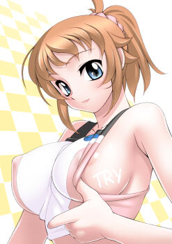 10s 1girl bare_shoulders blue_eyes blush body_writing bra bra_pull breasts brown_hair checkered_background clothes_pull collarbone copyright_name covered_erect_nipples female_focus gundam gundam_build_fighters gundam_build_fighters_try hoshino_fumina large_breasts lips looking_at_viewer quality sakura_ryuuken shirt_pull short_hair solo sports_bra underwear