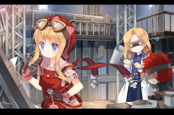 2girls ^^^ agate_crosner asymmetrical_bangs belt blonde_hair blue_eyes blue_shirt book collared_shirt cowboy_shot drawing drawing_board eiyuu_densetsu erika_russell_(eiyuu_densetsu) evil_smile eyes_visible_through_hair falcom gloves goggles goggles_on_headwear hat lab_coat letterboxed long_hair long_sleeves mallet mother_and_daughter multiple_girls overalls pencil pink_gloves pink_shirt pocket_watch railing red_headwear saru shaded_face shirt short_hair_with_long_locks short_sleeves skirt smile sora_no_kiseki sparkling_eyes squiggle stuffed_toy sweatdrop table tita_russell warehouse watch wrench