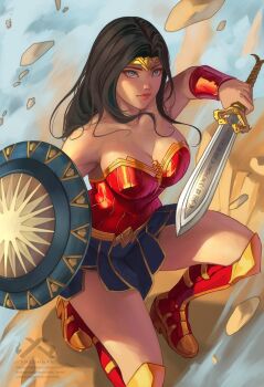 1girl bare_shoulders black_hair blue_eyes blue_skirt boots circlet closed_mouth commentary dc_comics highres holding holding_shield holding_sword holding_weapon long_hair on_one_knee shield skirt solo superhero_costume sword weapon wonder_woman wonder_woman_(series) wrist_guards xredmhar