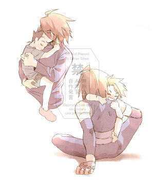 Rule 34 | belt, brown hair, closed eyes, dovepopopo, elbow gloves, fingerless gloves, gloves, hair between eyes, highres, holding, hug, kratos aurion, leggings, lloyd irving, medium hair, multiple belts, multiple views, on floor, purple belt, purple gloves, purple leggings, purple shirt, red hair, shirt, simple background, sitting, sleeping, sleeveless, sleeveless shirt, spoilers, tales of (series), tales of symphonia, white background