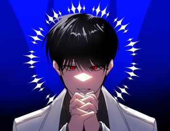 1boy black_hair black_shirt cnk_0_0 coat collared_shirt commentary_request grin halo halo_behind_head highres kim_dokja korean_commentary looking_at_viewer male_focus omniscient_reader&#039;s_viewpoint open_clothes open_coat own_hands_clasped own_hands_together portrait red_eyes shirt short_hair smile solo spiked_halo white_coat