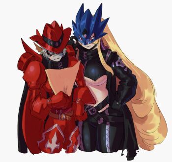 Rule 34 | 1boy, 1girl, beelstarmon, black coat, black pants, blonde hair, blue eyes, blue mask, breasts, coat, cowboy shot, digimon, digimon (creature), eye mask, galacticselkie, glasses, hat, highres, large breasts, long hair, magnakidmon, mask, navel, open clothes, open coat, pants, purple eyes, purple lips, reading, red hat, short hair, simple background, third eye, underboob, white background