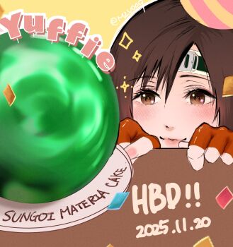 1girl birthday_cake brown_eyes brown_hair cake character_name closed_mouth confetti dated final_fantasy final_fantasy_vii fingerless_gloves food gloves happy_birthday hat highres light_blush light_smile m2v009 maid_headdress materia orange_gloves party_hat short_hair solo twitter_username upper_body yellow_background yuffie_kisaragi