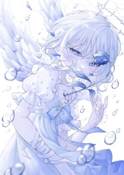 Rule 34 | 1girl, air bubble, angel, angel wings, bandaged arm, bandages, blue bow, blue eyes, blue flower, blue theme, bow, bubble, cross, dress, feathered wings, feathers, flower, frilled dress, frills, halo, highres, jewelry, looking at viewer, original, petals, puffy short sleeves, puffy sleeves, shiolatte, short hair, short sleeves, simple background, solo, symbol-shaped pupils, underwater, water drop, white background, white dress, white hair, white theme, white wings, wings