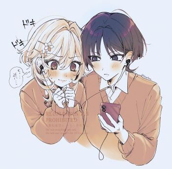 1boy 1girl @_@ absurdres alternate_costume amano_hotaru_(hotaama) black_eyes black_hair blonde_hair blunt_ends blush bright_pupils brown_eyes brown_sweater cellphone clenched_hands closed_mouth collared_shirt commentary contemporary cropped_torso earphones embarrassed english_commentary flower genshin_impact hair_between_eyes hair_flower hair_intakes hair_ornament hairclip hands_up heads_together hetero highres holding holding_phone long_sleeves lumine_(genshin_impact) own_hands_together parted_lips phone scaramouche_(genshin_impact) school_uniform sepia shared_earphones shirt short_hair short_hair_with_long_locks sidelocks smartphone speech_bubble sweatdrop sweater translation_request tsurime twitter_username undershirt wavy_mouth white_background white_mouth white_pupils white_shirt