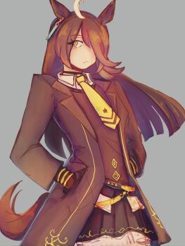 Rule 34 | 1girl, :/, ahoge, alternate hair length, alternate hairstyle, animal ears, black choker, black coat, black gloves, black skirt, black vest, brown hair, choker, closed mouth, coat, collared shirt, commentary, ear ornament, ear tag, earrings, english commentary, gloves, grey background, hair over one eye, hand in pocket, hem peeking out, highres, horse ears, horse girl, horse tail, jewelry, long bangs, manhattan cafe (umamusume), multicolored hair, necktie, oaks tree, open clothes, open coat, pleated skirt, shirt, simple background, single earring, skirt, solo, tail, umamusume, vest, white hair, white shirt, yellow eyes, yellow necktie