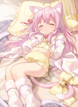 1girl absurdres alternate_costume animal_ears azur_lane bedwetting bell bloomers blush bow camisole cardigan cat_ears cat_girl cat_tail cloneko_(zelmeledf2) closed_eyes commission commissioner_upload frilled_pillow frills hair_ribbon highres kisaragi_(azur_lane) loli long_hair long_sleeves lying midriff navel non-web_source on_back open_mouth pee peeing peeing_self pillow pink_hair pink_ribbon ribbon skeb_commission sleeping socks solo tail tail_bell tail_bow tail_ornament underwear variant_set white_cardigan white_socks yellow_bloomers yellow_bow yellow_camisole