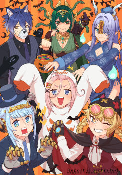1boy 5girls aino_(genshin_impact) animal_ears ashru_(genshin_impact) bare_shoulders blonde_hair blue_eyes blue_hair blush braid breasts cape cat costume detached_sleeves flins_(genshin_impact) genshin_impact ghost ghost_costume gradient_hair green_eyes green_hair halloween halloween_costume hat highres ineffa_(genshin_impact) jahoda_(genshin_impact) jiangshi jiangshi_costume large_breasts lauma_(genshin_impact) long_hair looking_at_viewer mamemame mechanical_arms multicolored_hair multiple_girls nefer_(genshin_impact) open_mouth pink_hair shaded_face short_hair smile vampire_costume very_long_hair wolf_ears wolf_mask yellow_eyes