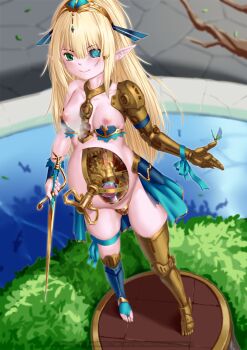 amputee armor artificial_eye artificial_limb artificial_vagina blonde_hair body_modification breasts bug butterfly collar cyborg elf green_eyes hairband highres insect joints long_hair mechanical_arms medium_breasts mind_control nude pedestal pointy_ears pregnant robot_girl robot_joints sex_toy steampunk sword weapon winding_key yakou_(4507770)