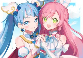 2girls ahoge ascot blue_eyes blue_hair blush border braid commentary_request cure_prism cure_sky elbow_gloves eyelashes fingerless_gloves gloves green_eyes highres hirogaru_sky!_precure holding_hands long_hair magical_girl multicolored_hair multiple_girls open_mouth pink_hair pink_streaks precure sidelocks smile streaked_hair violet_(mesy4285) white_border white_gloves