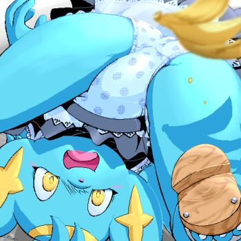 1girl animal animal_ears ass banana black_dress blue_fur blue_hair blush brown_sandals cat cat_ears cat_girl cat_tail dress embarrassed fallen_down food fruit furry g-sun gen_4_pokemon loli nintendo open_mouth panties pokemon polka_dot polka_dot_panties sandals shinx short_hair sleeveless sleeveless_dress surprised tail top-down_bottom-up underwear white_panties yellow_eyes