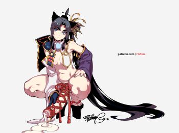 1futa absurdres armor black_hair blue_eyes breasts cleavage cum fate/grand_order fate_(series) fishine futanari futanari_masturbation gloves hair_ornament highres long_hair looking_at_viewer masturbation penis platform_clogs shoes solo ushiwakamaru_(fate)